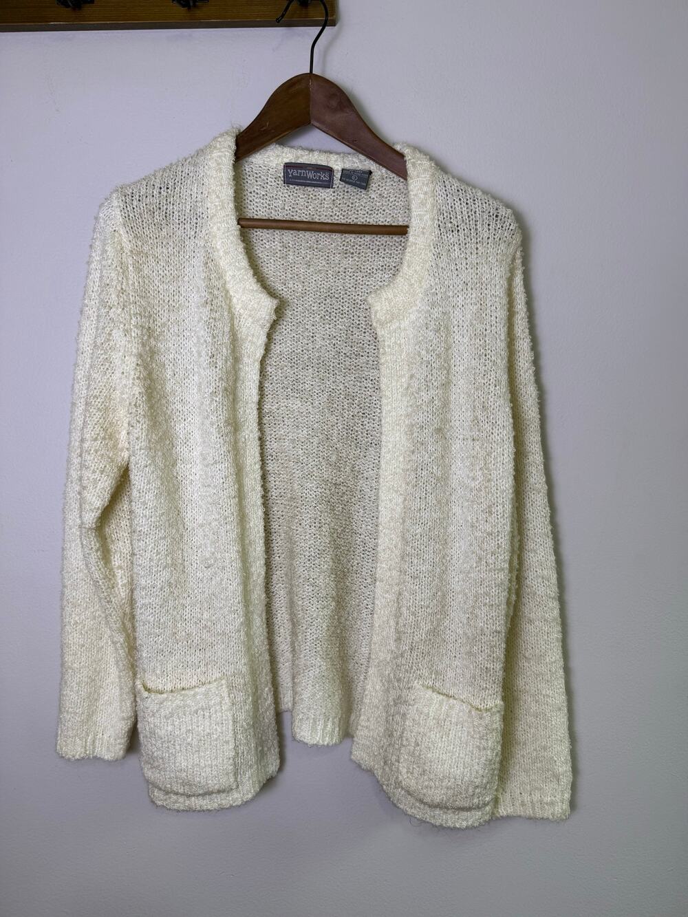 Vintage 90s YarnWorks Ivory Open Front Cardigan Sweater Large Cottagecore